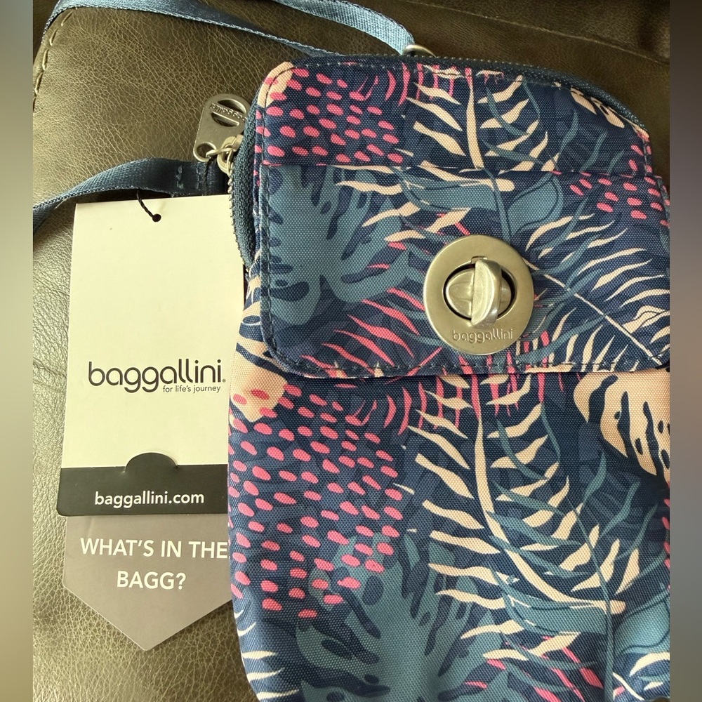 Baggallini Navy and Pink Leaf Print Crossbody Bag